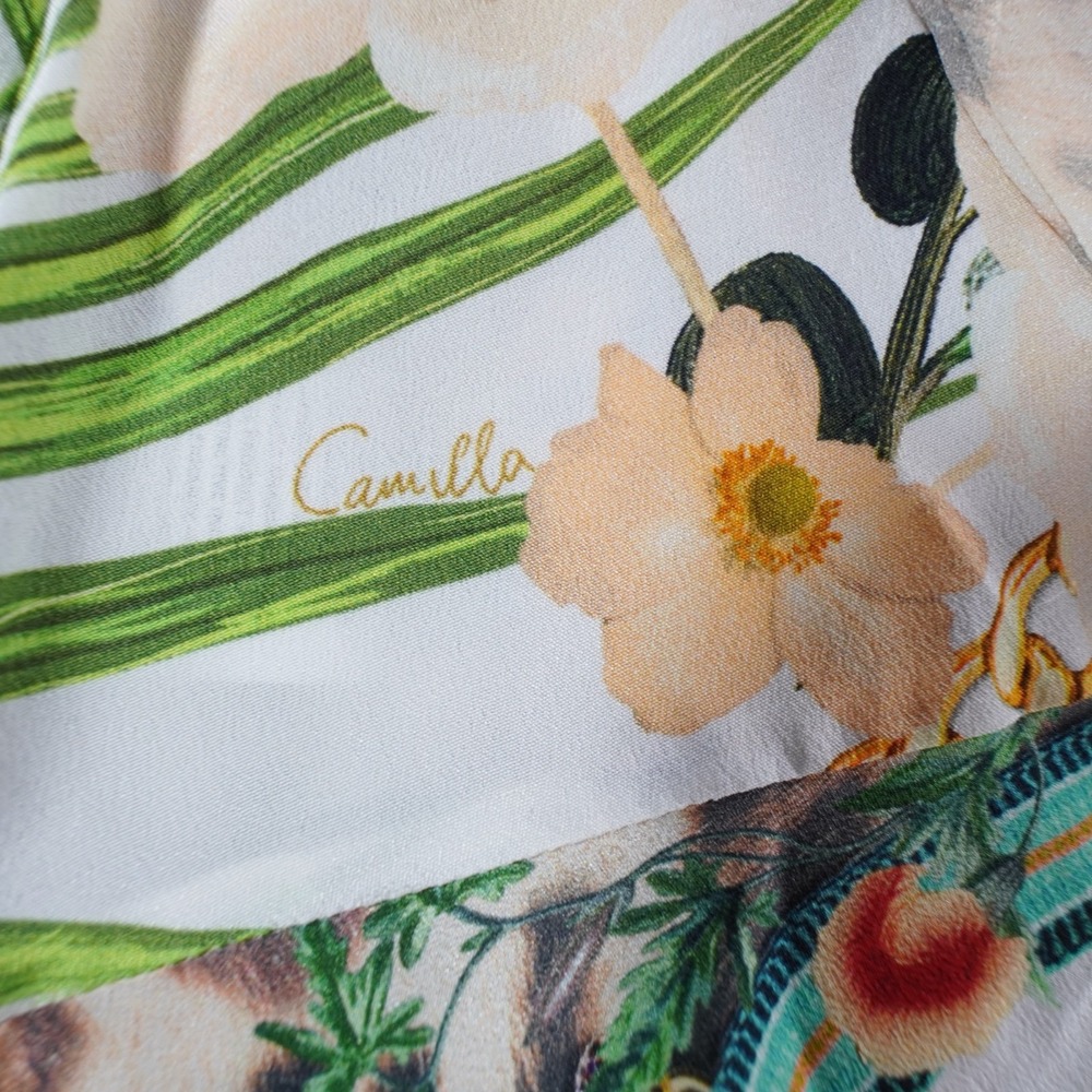 Camilla Silk Off Shoulder Embellished Mini Dress Animal Tropical Sz M Resort - Picture 15 of 16